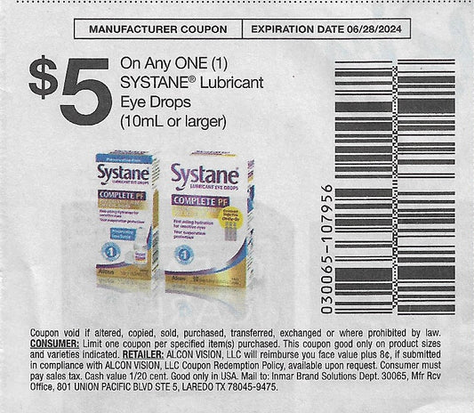 15 coupons: $5 On Any ONE (1) SYSTANE Lubricant Eye Drops (10ml or larger)  expires 06/28/2024