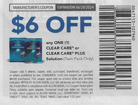 15 coupons: $6 OFF any ONE (1) CLEAR CARE or CLEAR CARE PLUS Solution (Twin Pack Only) expires 06/28/2024