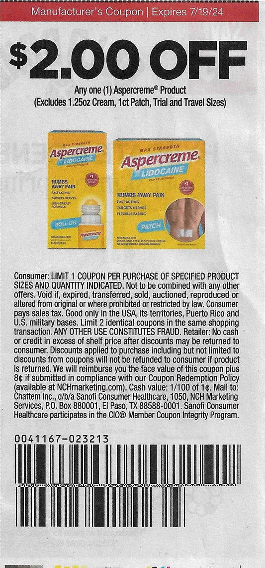 15 coupons: $2.00 OFF Any one (1) Aspercreme Product (expires 7/19/24)