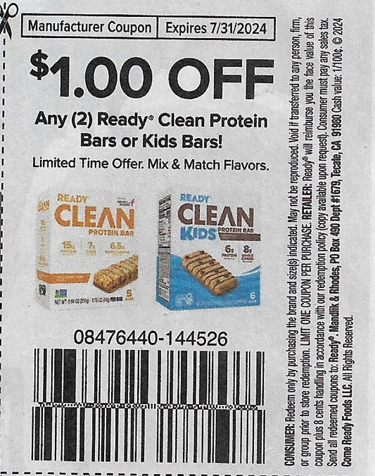 15 coupons: $1.00 OFF Any (2) Ready Clean Protein Bars or Kids Bars (expires 7/31/2024)