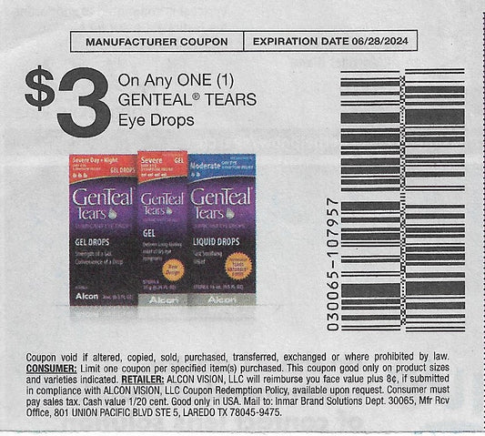 15 coupons: $3 on Any ONE (1) GENTEAL TEARS Eye Drops (expires 06/28/2024)
