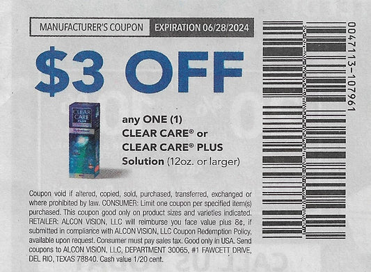 15 coupons: $3 OFF any ONE (1) CLEAR CARE or CLEAR CARE PLUS Solution (12oz. or larger) expires 06/28/2024)
