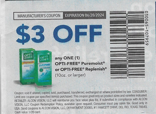 15 coupons: $3 OFF any ONE (1) OPTI-FREE Puremoist or OPTI-FREE Replenish (10oz or larger) (expires 06/28/2024)