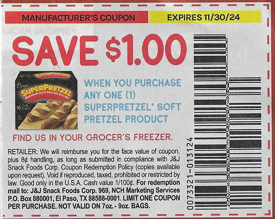 15 Coupons: SAVE $1.00 when you purchase any one (1) Superpretzel Soft Pretzel Product (expires 11/30/24)