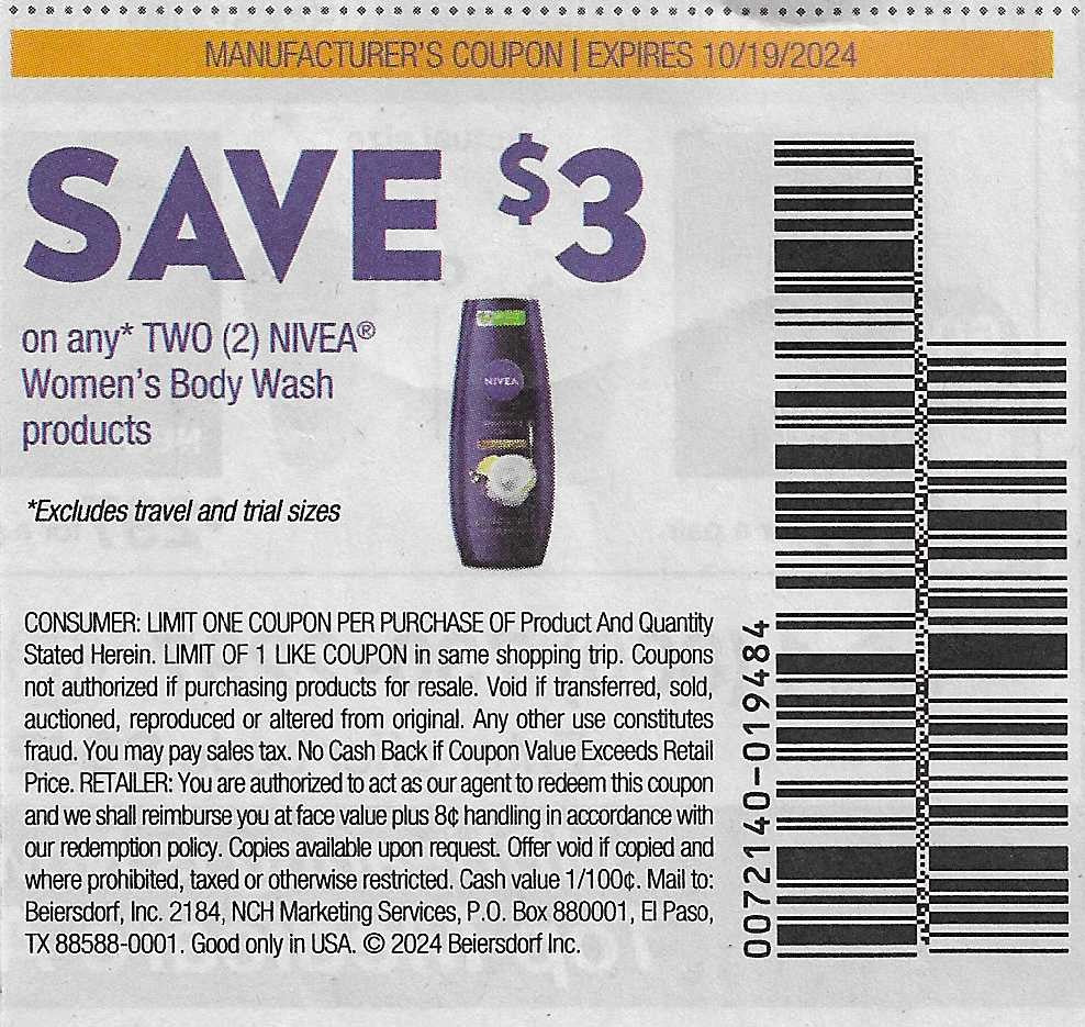 15 Coupons: SAVE $3 on any TWO (2) NIVEA Women's Body Wash products (expires 10/19/2024)