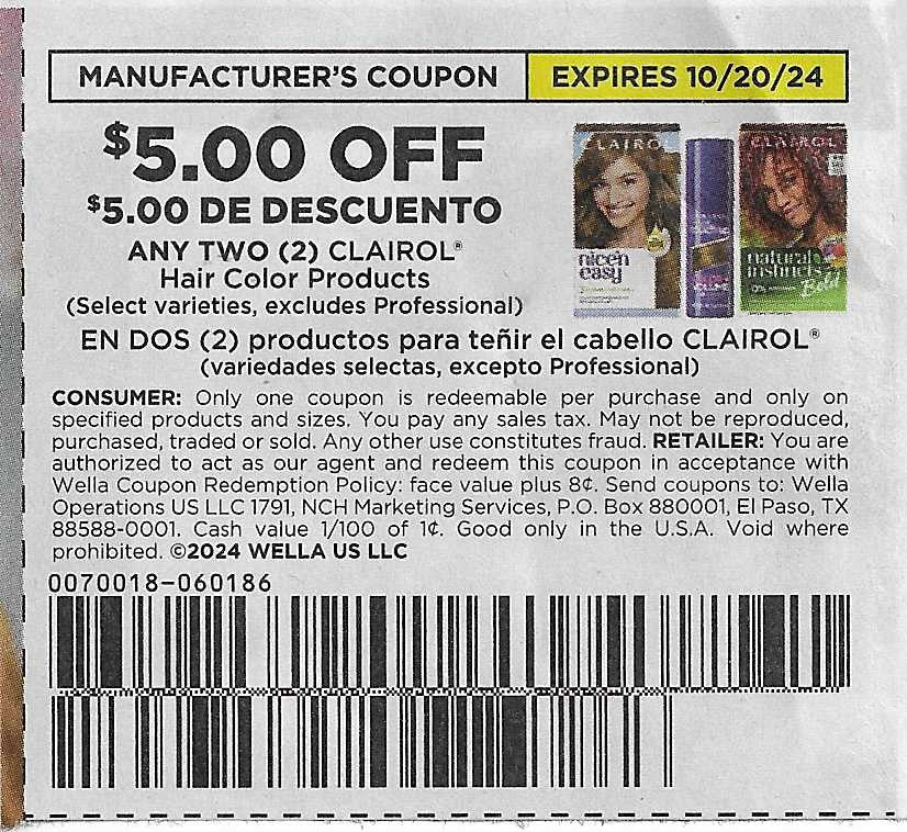 15 Coupons: $5.00 OFF ANY TWO (2) CLAIROL Hair Color Products (expires 10/20/24)