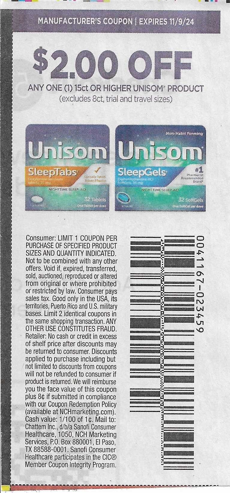 15 Coupons: $2.00 OFF ANY ONE (1) 15ct or higher UNISOM Product (expires 11/9/24)