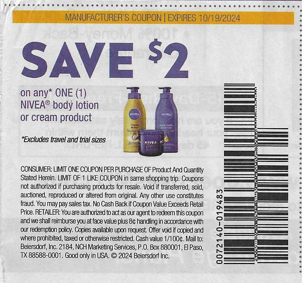 15 Coupons: SAVE $2 on any ONE (1) NIVEA Body lotion or creme product (expires 10/19/2024)