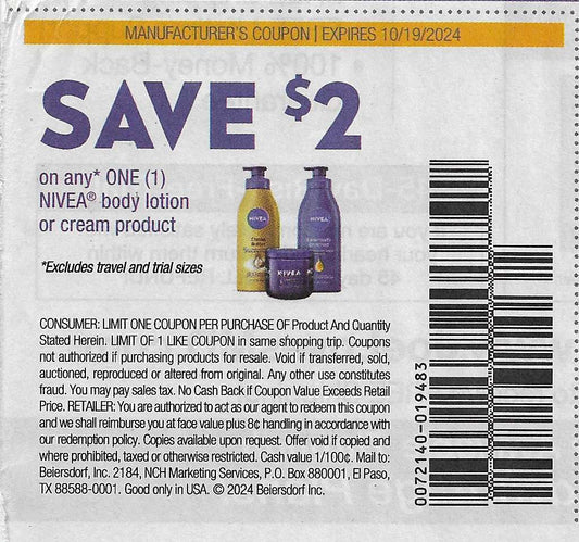 15 Coupons: SAVE $2 on any ONE (1) NIVEA Body lotion or creme product (expires 10/19/2024)