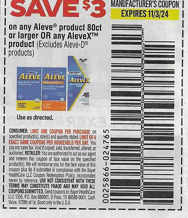 15 Coupons: SAVE $3 on any Aleve product 80ct or larger OR AleveX product (expires 11/3/24)