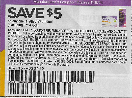 SAVE $5 on any one (1) Allegra product (expires 11/9/24)