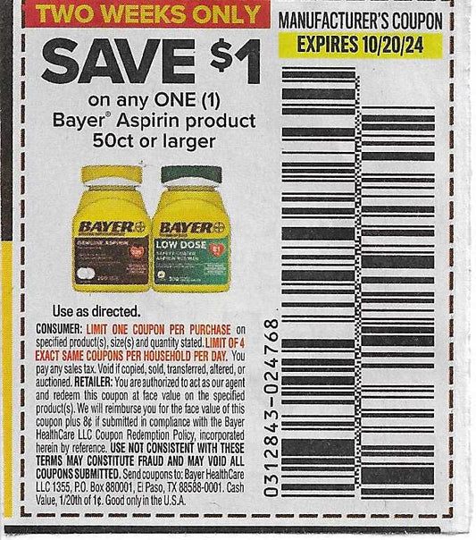 15 Coupons: SAVE $1 on any ONE (1) Bayer Aspirin product 50ct or larger (expires 10/20/24)