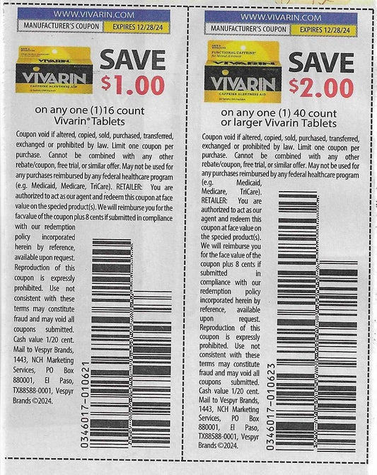 30 Vivarin Tablets Coupons (expires 12/28/24)