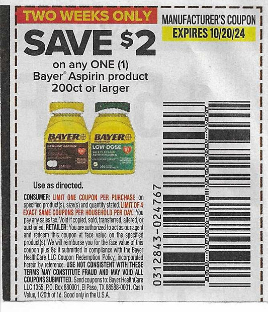 15 coupons: SAVE $2 on any ONE (1) Bayer Aspirin product 200ct or larger (expires 10/20/24)