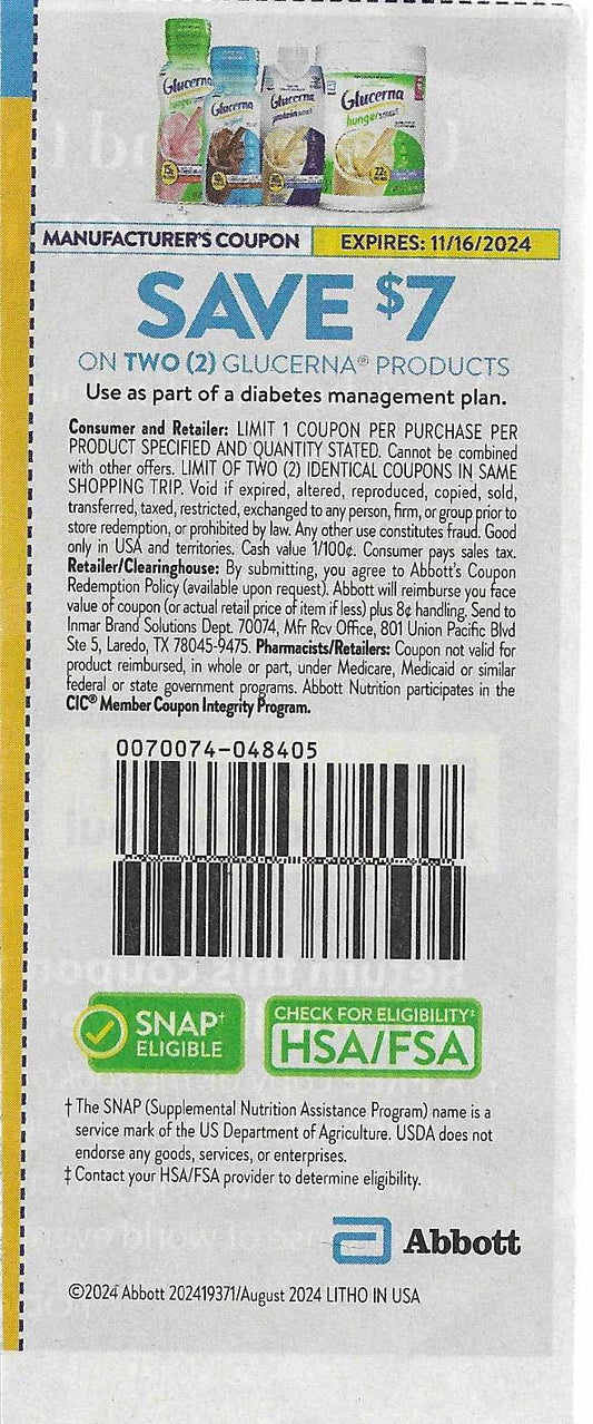 15 coupons: SAVE $7 on TWO (2) Glucerna Products (expires 11/16/2024)