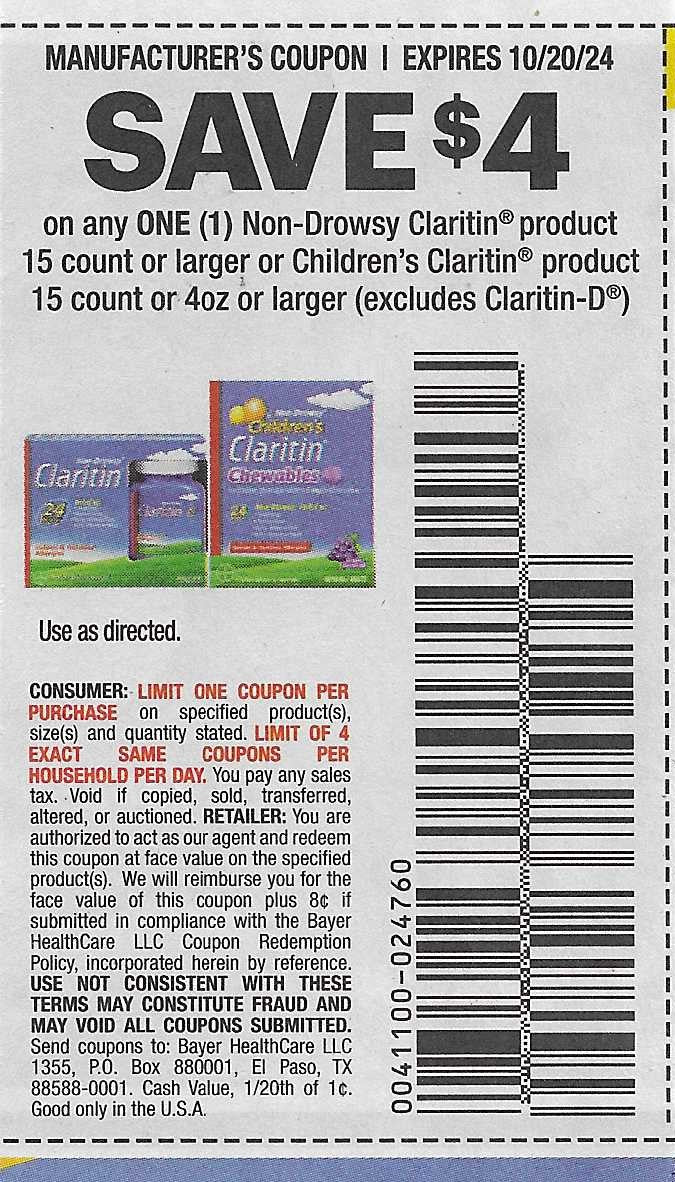 15 Coupons: SAVE $4 on any ONE (1) Non-Drowsy Claritin product 15 count or larger or Children's Claritin product 15 count or 4oz or larger (expires 10/20/24)