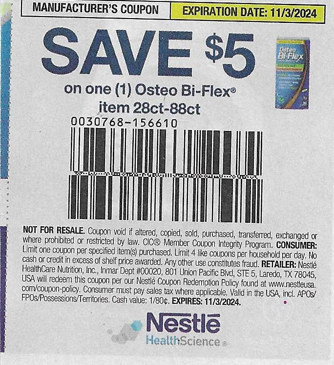 15 Coupons: SAVE $5 on one (1) Osteo Bi-Flex item 28ct-88ct (expires 11/3/2024)