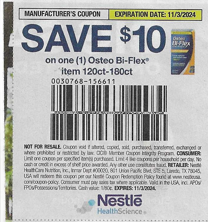 15 coupons: SAVE $10 on one (1) Osteo Bi-Flex item 120ct-180ct (expires 11/3/2024)