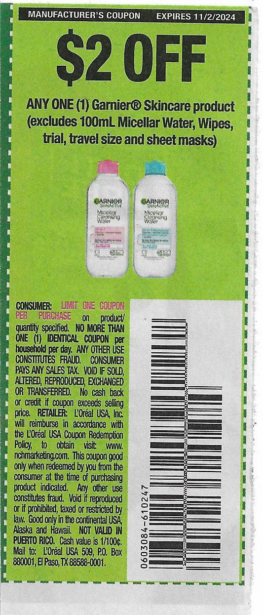 15 coupons: $2 OFF ANY ONE (1) Garnier Skincare product (expires 11/2/2024)