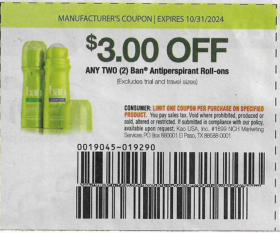 15 Coupons: $3.00 OFF ANY TWO (2) Ban Antiperspirant Roll-ons (expires 10/31/2024)