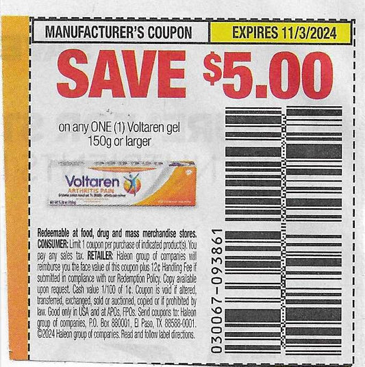 15 coupons: SAVE $5.00 on any ONE (1) Voltaren gel 150g or larger (expires 11/3/2024)