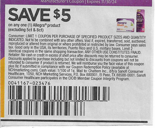 15 Coupons: SAVE $5 on any one (1) Allegra product (expires 11/30/24)