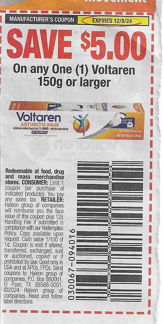 15 Coupons: SAVE $5.00 On any One (1) Voltaren 150g or larger (expires 12/8/24)