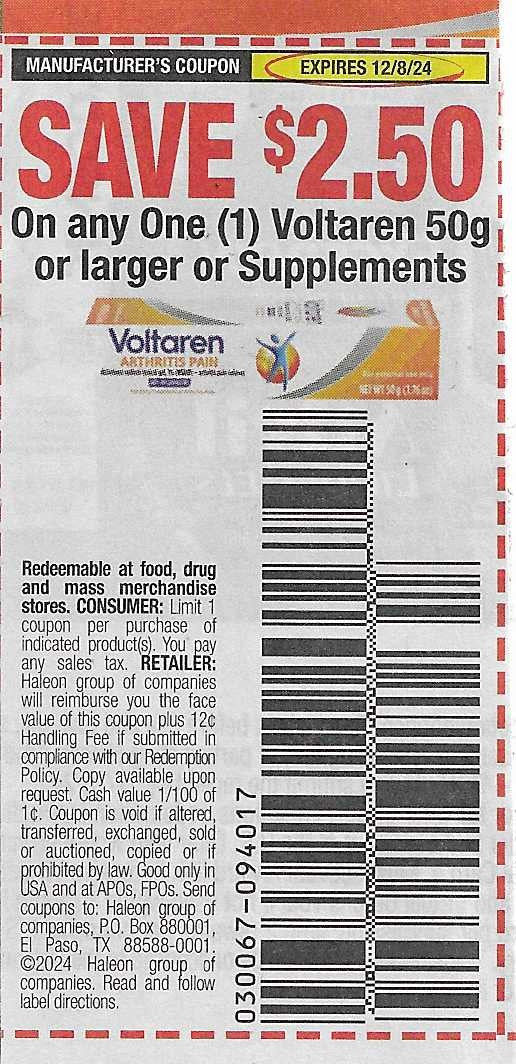 15 Coupons: SAVE $2.50 On any One (1) Voltaren 50g or larger or Supplements (expires 12/8/24)