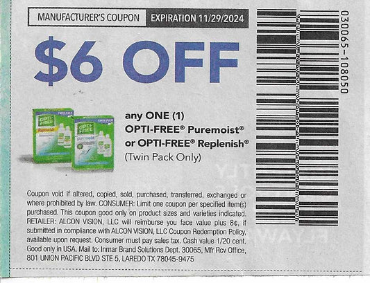 20 COUPONS: $6 OFF any ONE (1) OPTI-FREE Puremoist or OPTI-FREE Replenish (expires 11/29/2024)