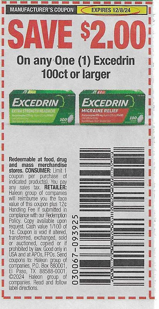 15 Coupons: SAVE $2.00 On any One (1) Excedrin 100ct or larger (expires 12/8/24)