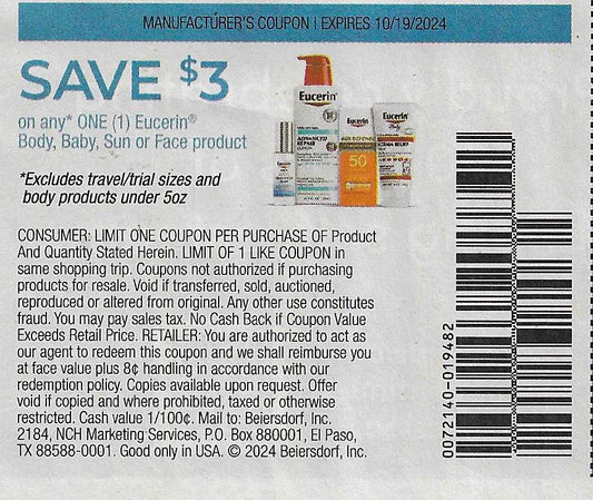 15 Coupons: SAVE $3 on any ONE (1) Eucerin Body, Baby, Sun or Face product (expires 10/19/2024)