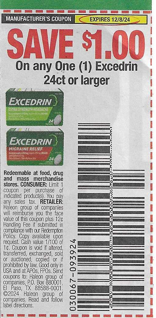 15 Coupons: SAVE $1.00 On any One (1) Excedrin 24ct or larger (expires 12/8/24)