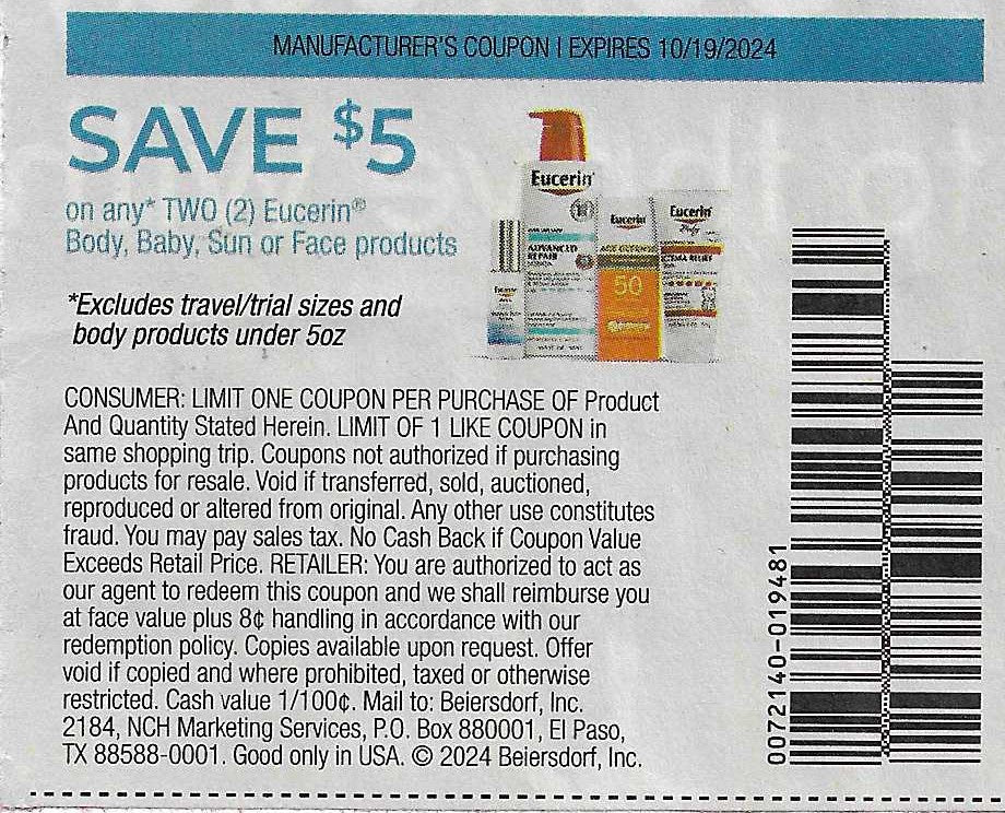 15 Coupons: SAVE $5 on any TWO (2) Eucerin Body, Baby, Sun or Face product (expires 10/19/2024)