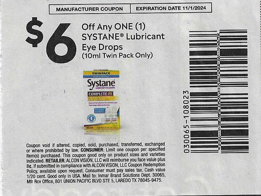 15 Coupons: $6 Off any ONE (1) SYSTANE Lubricant Eye Drops (10ml Twin Packs Only) expires 11/1/2024