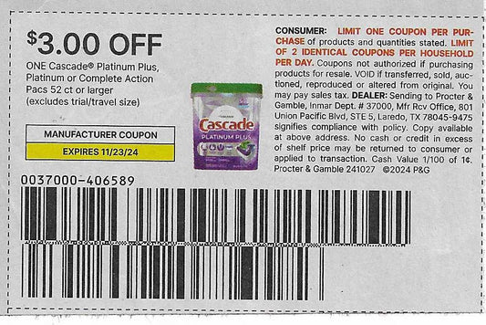 15 coupons: $3.00 OFF ONE Cascade Platinum Plus, Platinum or Complete Action Pacs 52 ct or larger (expires 11/23/24)