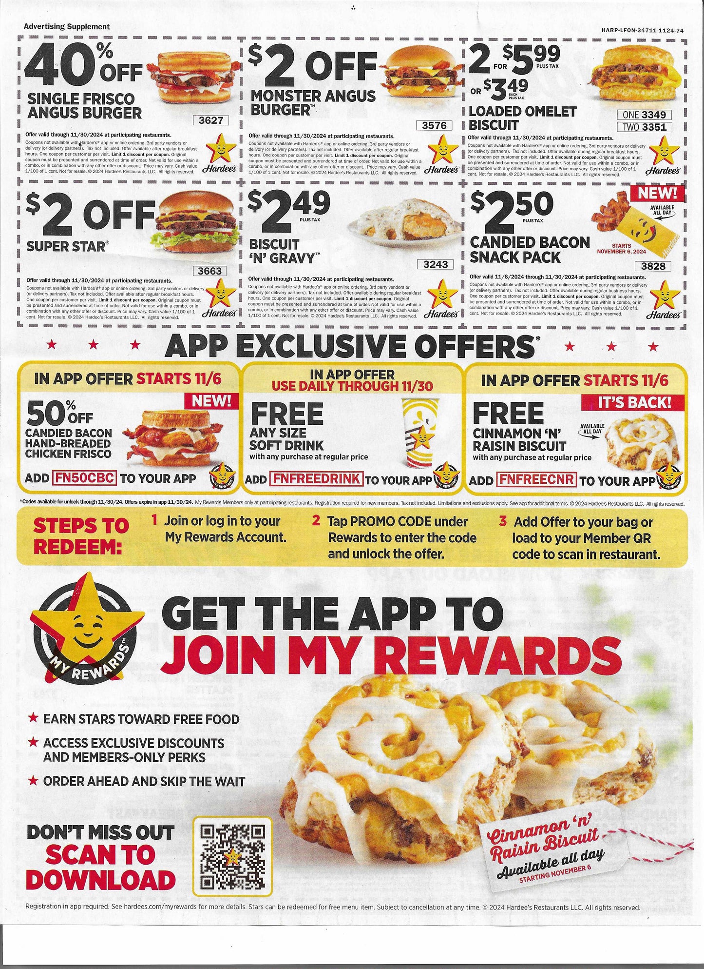 10 Sheets of HARDEES Coupons (expires 11/30/2024)