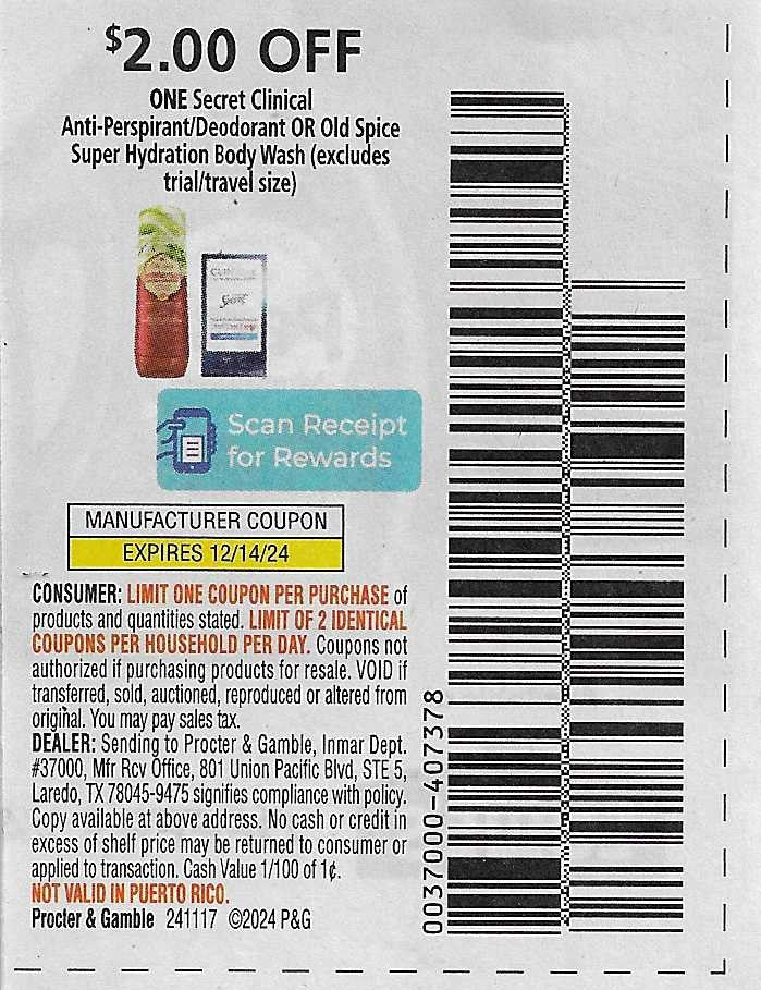 15 Coupons: $2.00 OFF ONE Secret Clinical Anti-Perspirant/Deodorant OR Old Spice Super Hydration Body Wash (expires 12/14/24)