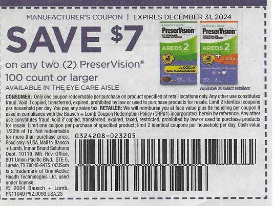 15 Coupons: SAVE $7 on any two (2) PreserVision 100 count or larger (expires 12/31/2024)