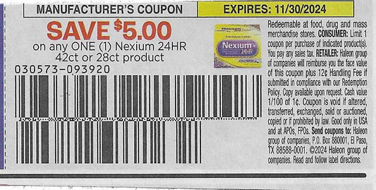 15 Coupons: SAVE $5.00 on any ONE (1) Nexium 24HR 42ct or 28ct product (expires 11/30/2024)