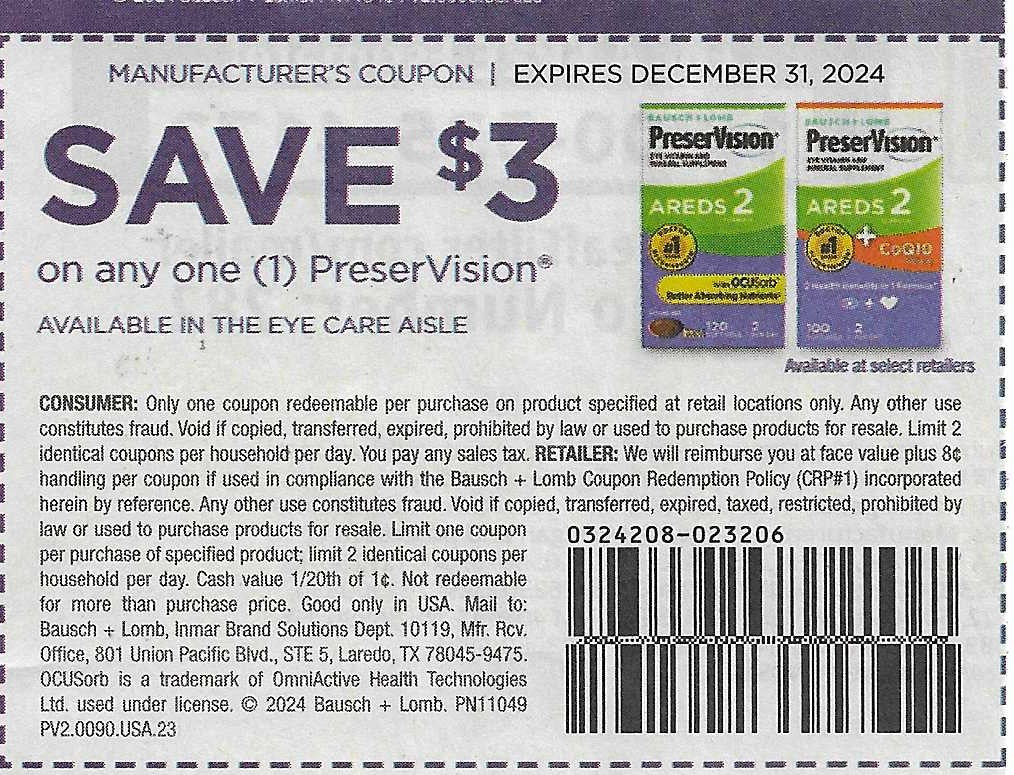 15 Coupons: SAVE $3 on any one (1) PreserVision (expires 12/31/2024)