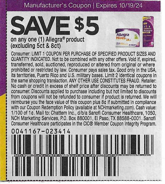 15 Coupons: SAVE $5 on any one (1) Allegra product (excluding 5ct & 8ct) expires 10/19/24