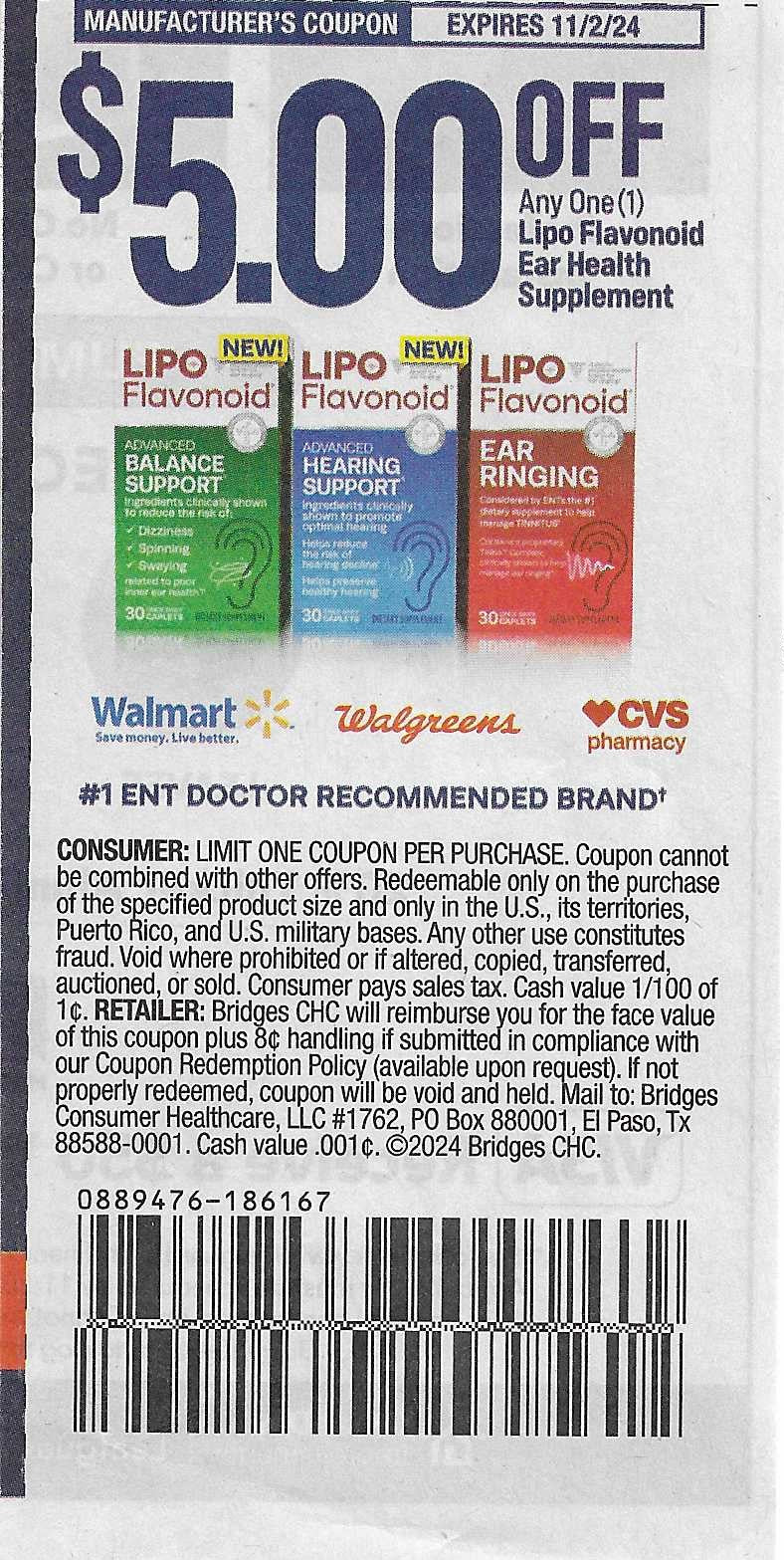 15 coupons: $5.00 OFF Any One (1) Lipo Flavonoid Ear Health Supplement (expires 11/2/24)