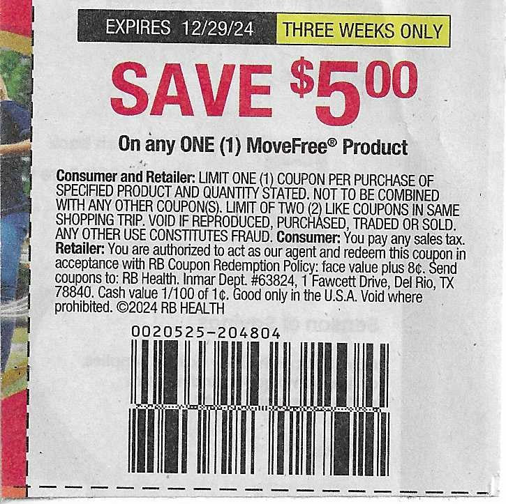 15 Coupons: SAVE $5.00 On any ONE (1) Movefree Product (expires 12/29/24)