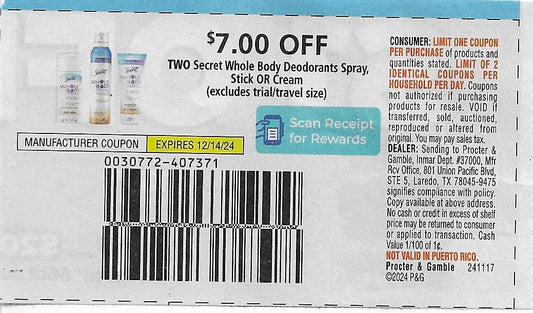 15 Coupons: $7.00 OFF TWO Secret Whole Body Deodorants Spray, Stick OR Cream (expires 12/14/24)