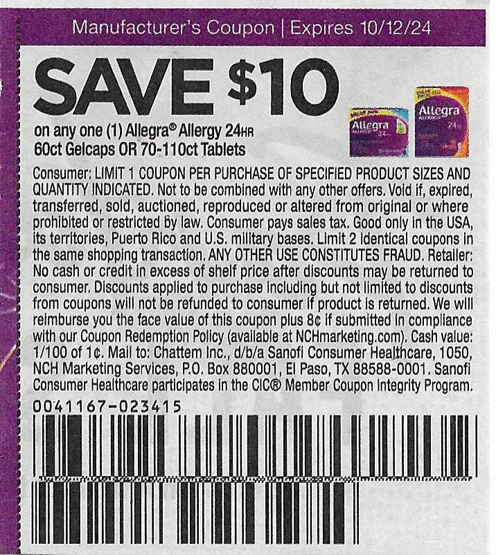 15 Coupons: SAVE $10 on any one (1) Allegra Allergy 24hr 60ct Gelcaps OR 70-110ct tablets (expires 10/12/24)