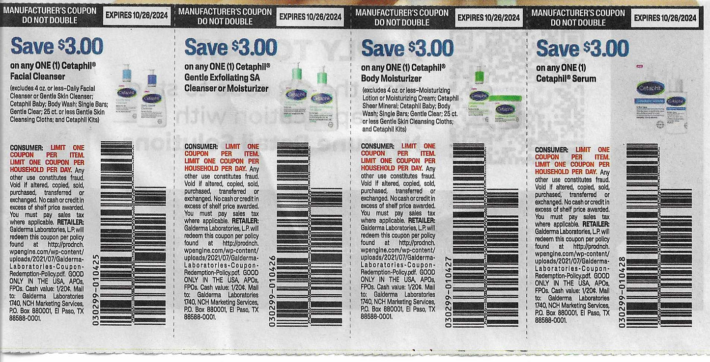 60 Cetaphil Coupons (expire 10/26/2024)