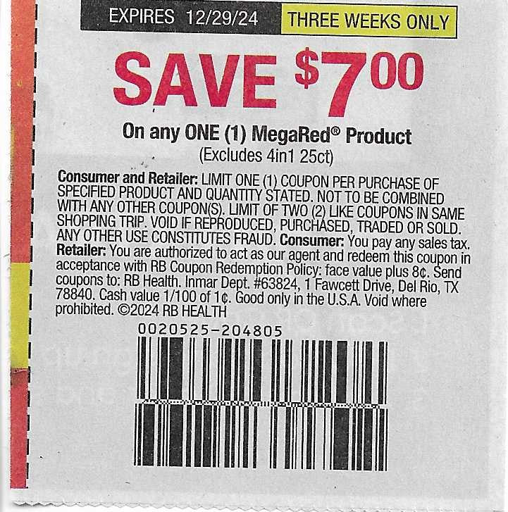 15 Coupons: SAVE $7.00 On any ONE (1) MegaRed Product (expires 12/29/24)