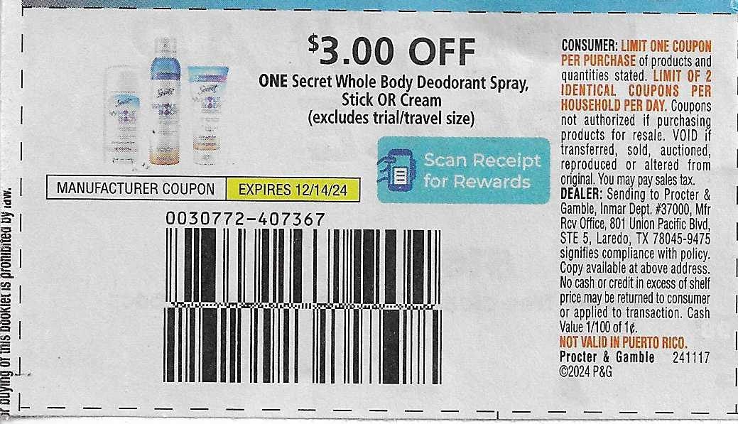 15 Coupons: $3.00 OFF ONE Secret Whole Body Deodorants Spray, Stick OR Cream (expires 12/14/24)