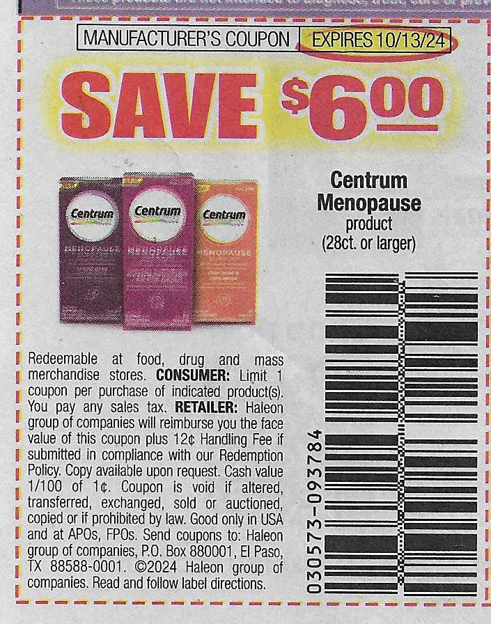 15 Coupons: SAVE $6.00 Centum Menopause product (28ct or larger) expires 10/13/24