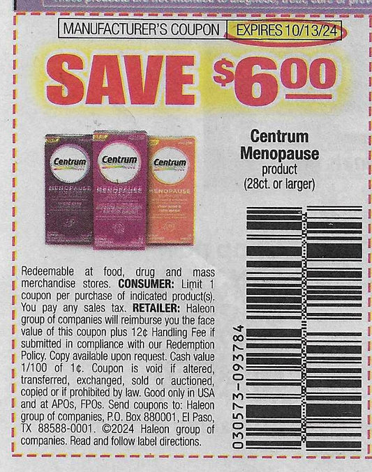 15 Coupons: SAVE $6.00 Centum Menopause product (28ct or larger) expires 10/13/24